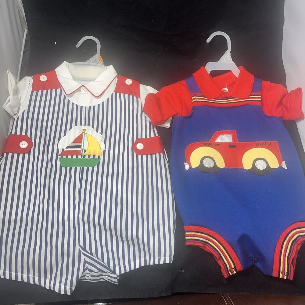 2 VTG 80’s Toddler Boy Sailboat Shortall Set Blue W/White Shirt & Blue Red Truck